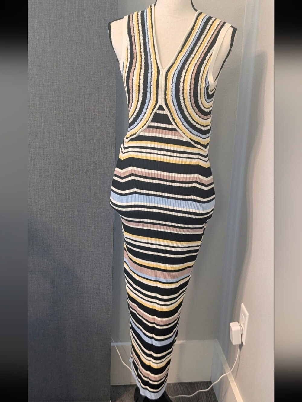 Anthropologie Striped Knit Midi Bodycon Dress V-Neck Sleeveless Size M